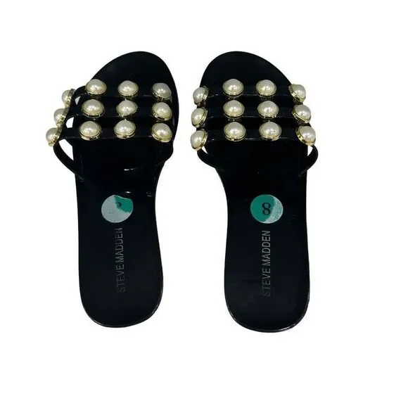Steve Madden Size 8 Black Jelly Slide Sandals with White Pearl Accents - Picture 3 of 7